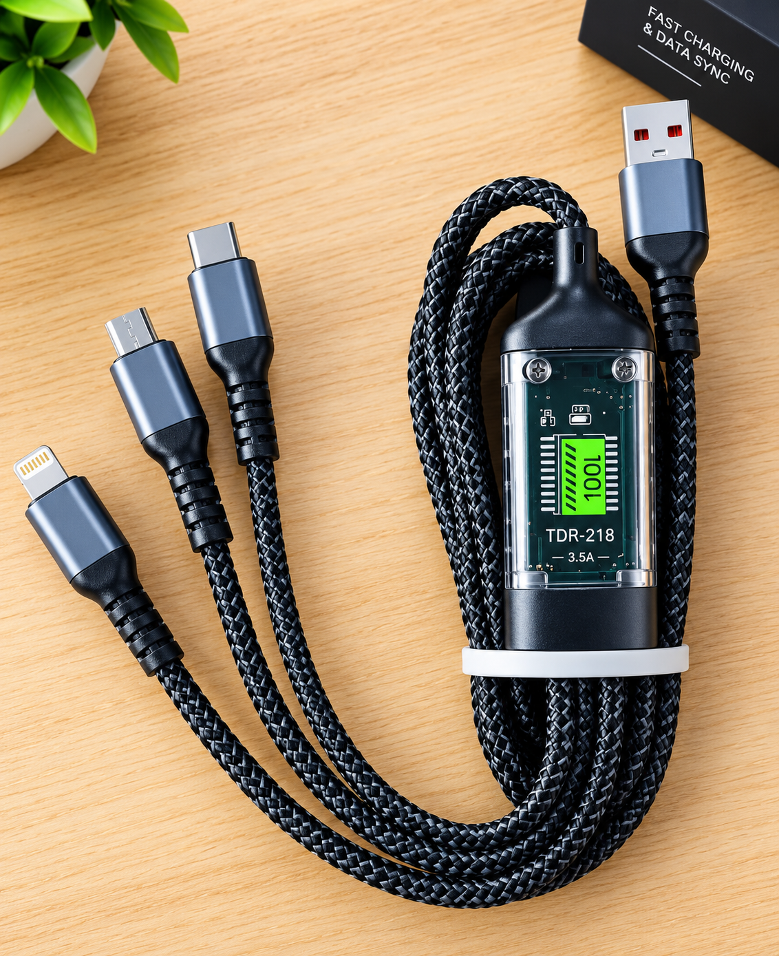 🔌 3-in-1 Fast Charging Braided Cable with Digital Display One Cable. 3 Connectors. Everyday Convenience.