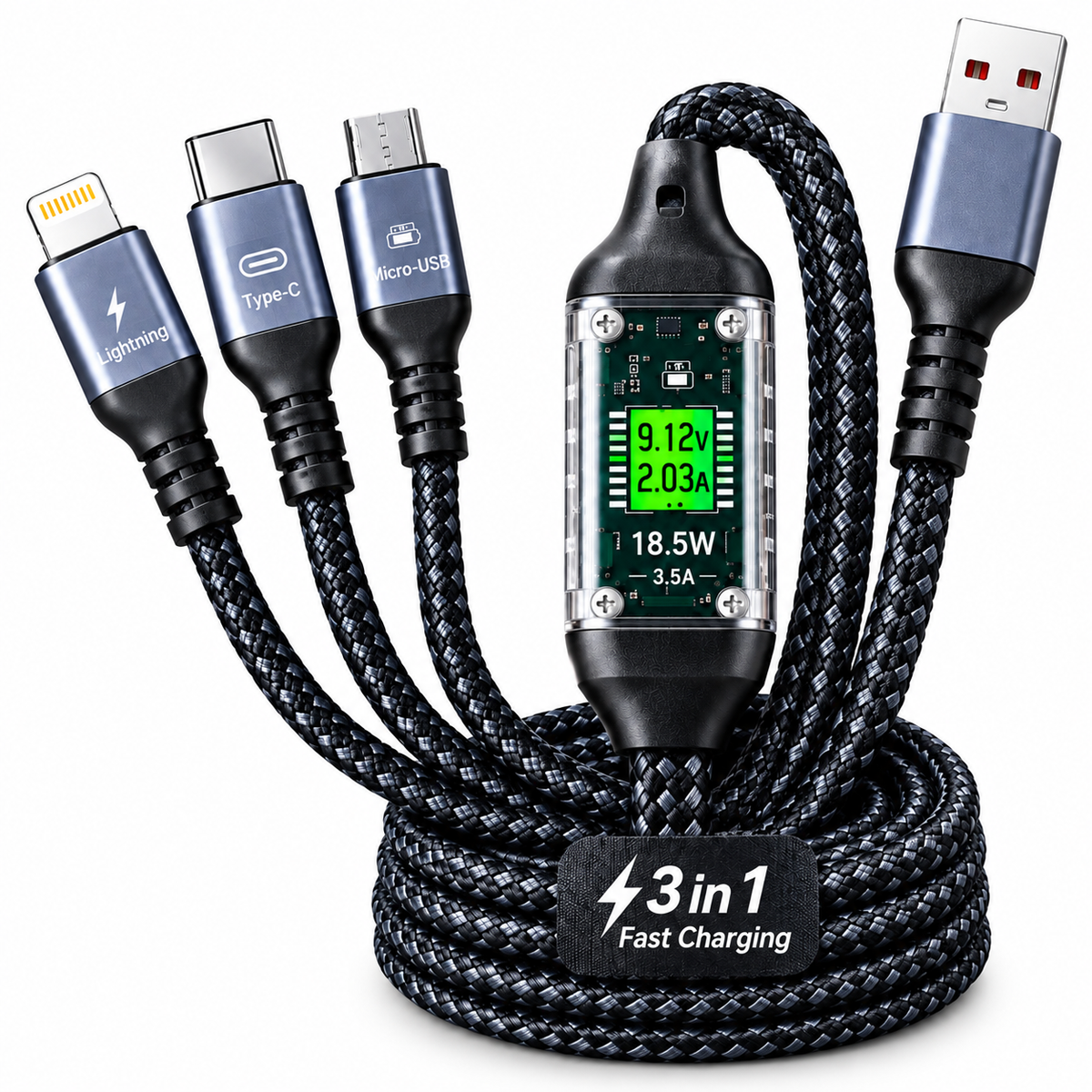 🔌 3-in-1 Fast Charging Braided Cable with Digital Display One Cable. 3 Connectors. Everyday Convenience.