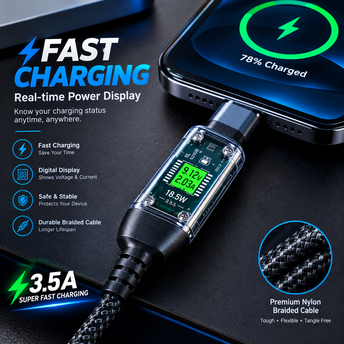 🔌 3-in-1 Fast Charging Braided Cable with Digital Display One Cable. 3 Connectors. Everyday Convenience.